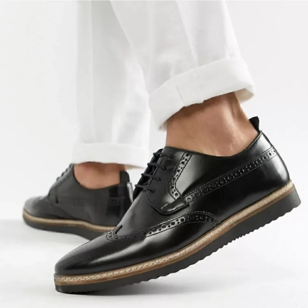ASOS DESIGN fit brogue shoes in black leather with wedge sole size 13